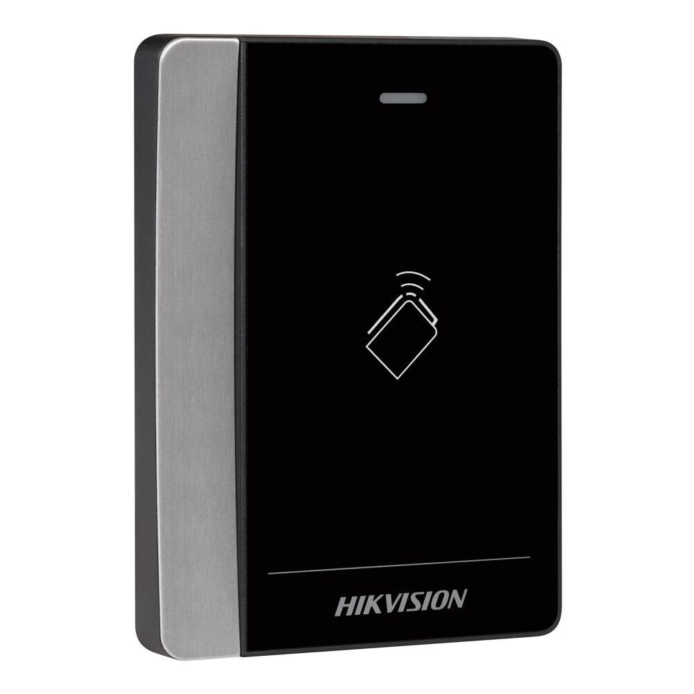 Cititor de carduri Hikvision DS-K1102AM, Pro series, suporta caduri Mifare frecventa: 13.56 MHz, conectivitate: RS-485 si  protocol Wiegand (W26/ W34), distanta de citire: ≤ 50 mm, LED stare, beeper, Watchdog, alimentare: 12 VDC, dimensiuni: 121 mm × 86.5 mm × 14 mm, IP64, greutate: 0.140 kg