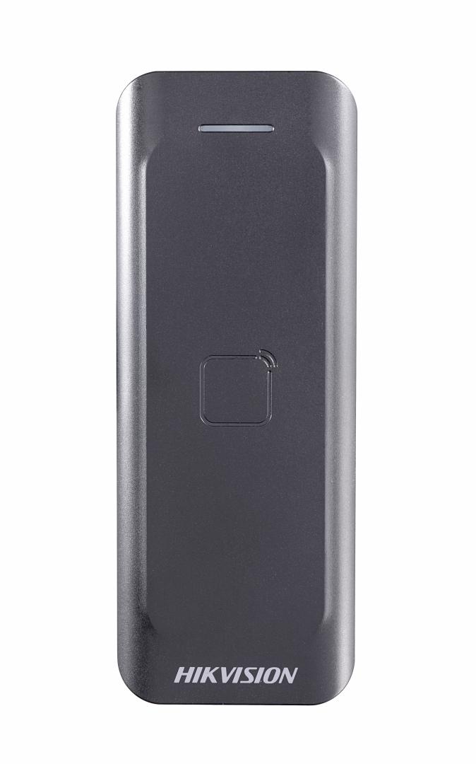 Card reader Hikvision, DS-K1802M; Reads Mifare 1 card; Card Reading Frequency: 13.56MHz; Processor: 32-bit; Reading Range: ≤50mm (≤1.97"); Supports Wiegand(W27/W35) protocol, Dust-proof, IP 65.