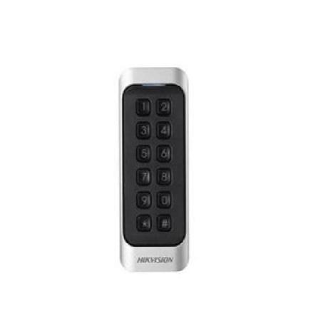 Cititor de card cu tastatura Hikvision DS-K1107AEK, citeste carduri cu frecventa de 125 KHz, distanta citire: <= 50 mm, RS-485, Wiegand (W26/W34) protocol si protocol OSDP, indicator de stare si alimentare, buzzer incorporat, tamper, alimentare 12VDC, IP65, dimensiuni 115 mm x 44 mm x 22 mm, montaj