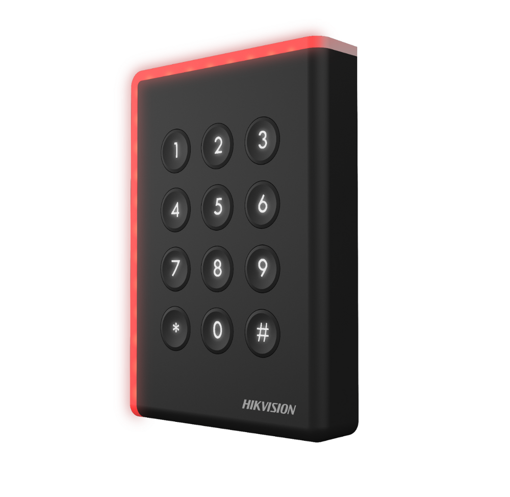 Cititor card cu tastatura Hikvision DS-K1108AEK, citeste carduri EM 125 KHz, distanta citire: ≤ 50 mm, comunicare: RS-485, Wiegand (W26, W34) protocol si OSDP protocol, indicator LED de stare si alimentare, tamper, buzzer, alimentare: 12 VDC, IP65, dimensiuni: 123 mm × 88 mm × 21mm