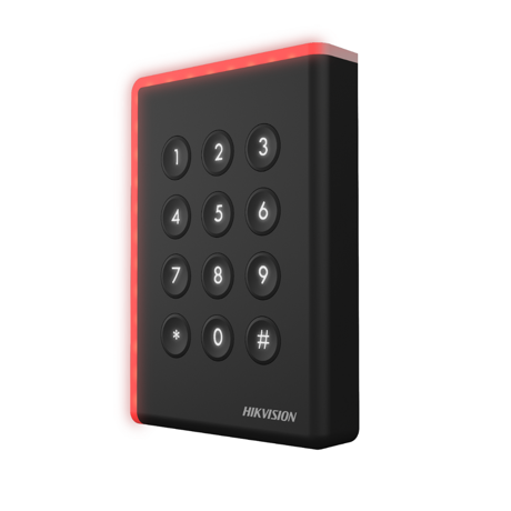 Cititor card cu tastatura Hikvision DS-K1108AEK, citeste carduri EM 125 KHz, distanta citire: ≤ 50 mm, comunicare: RS-485, Wiegand (W26, W34) protocol si OSDP protocol, indicator LED de stare si alimentare, tamper, buzzer, alimentare: 12 VDC, IP65, dimensiuni: 123 mm × 88 mm × 21mm
