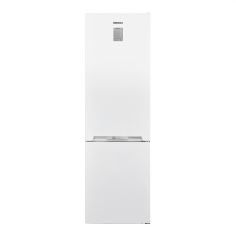 Combina frigorifica Heinner HCNF-V366E++, 366 L, No Frost Multicooling, Display pe usa, Freezer Shield, LED, Congelare rapida, Alarma, sertar Chiller, sertar legume/fructe, Clasa energetica E, H 201cm, Alb cu decoratiune cromata  pe maner