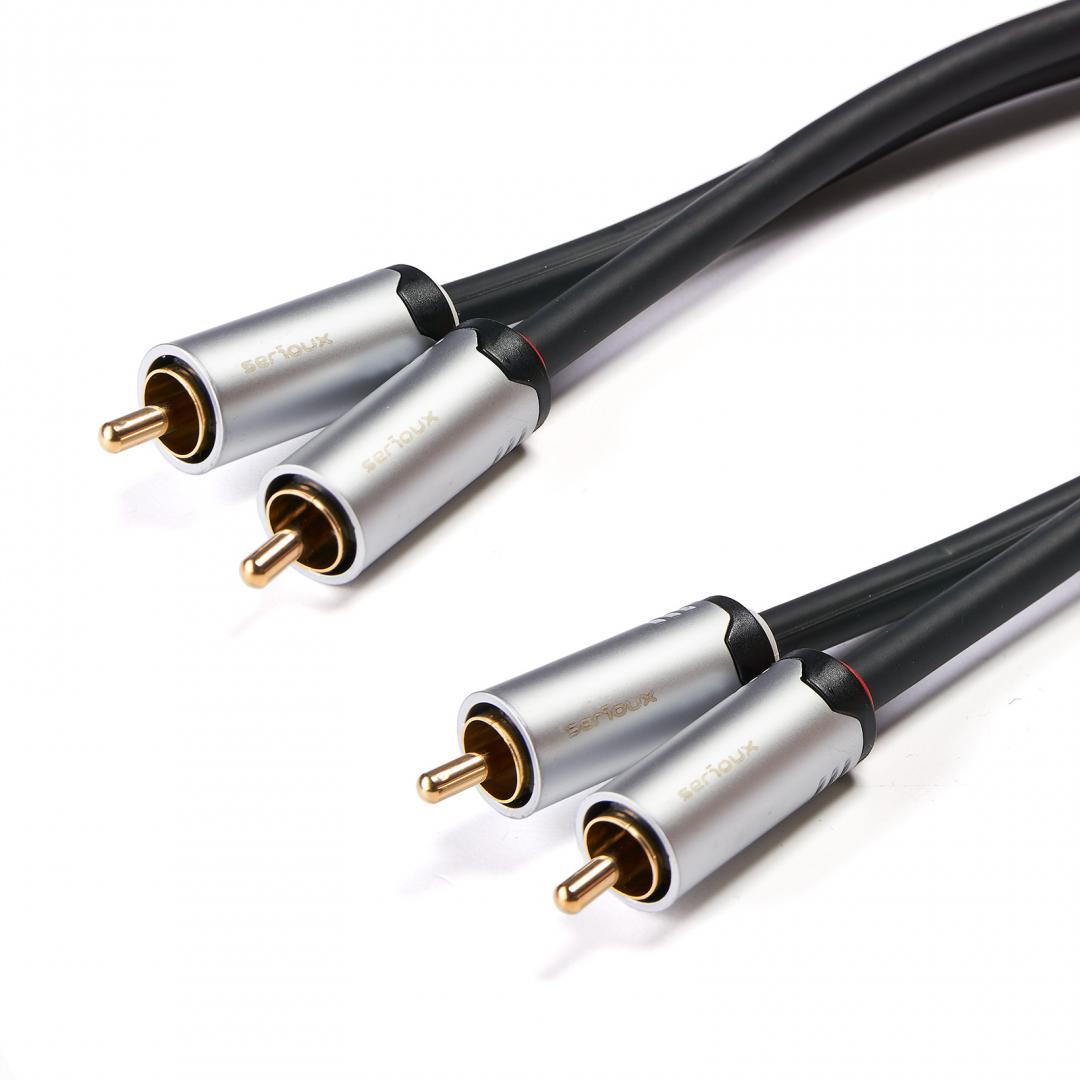 Cablu audio Serioux Premium Gold, 2 porturi RCA tata - 2 porturi RCA tata, conductori 99.99% cupru fara oxigen, mufe din metal aliaj Zinc, conectori auriti 24k, dublu ecranat, 1.5m, negru