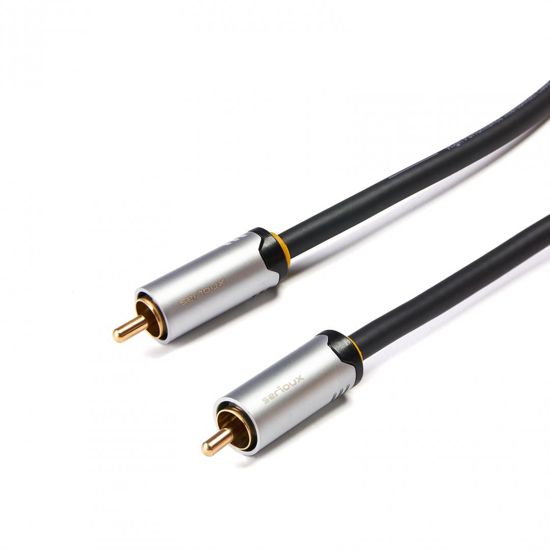 Cablu audio-video Serioux Premium Gold, RCA tata - RCA tata, conductori 99.99% cupru fara oxigen, mufe din metal aliaj Zinc, conectori auriti 24k, dublu ecranat, discuri magnetice, 1.5m, negru