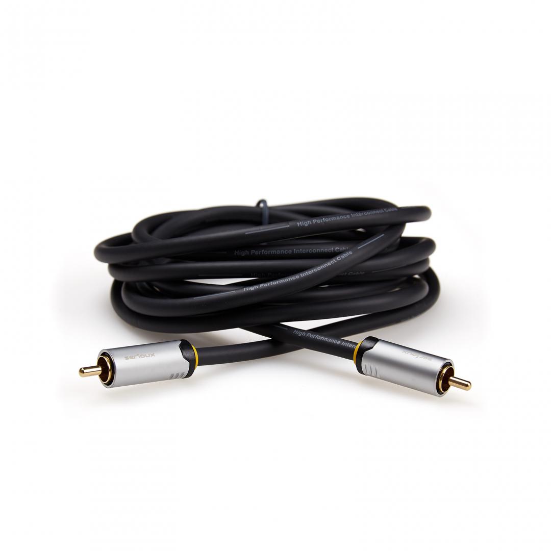 Cablu audio-video Serioux Premium Gold, RCA tata - RCA tata, conductori 99.99% cupru fara oxigen, mufe din metal aliaj Zinc, conectori auriti 24k, dublu ecranat, discuri magnetice, 3m, negru