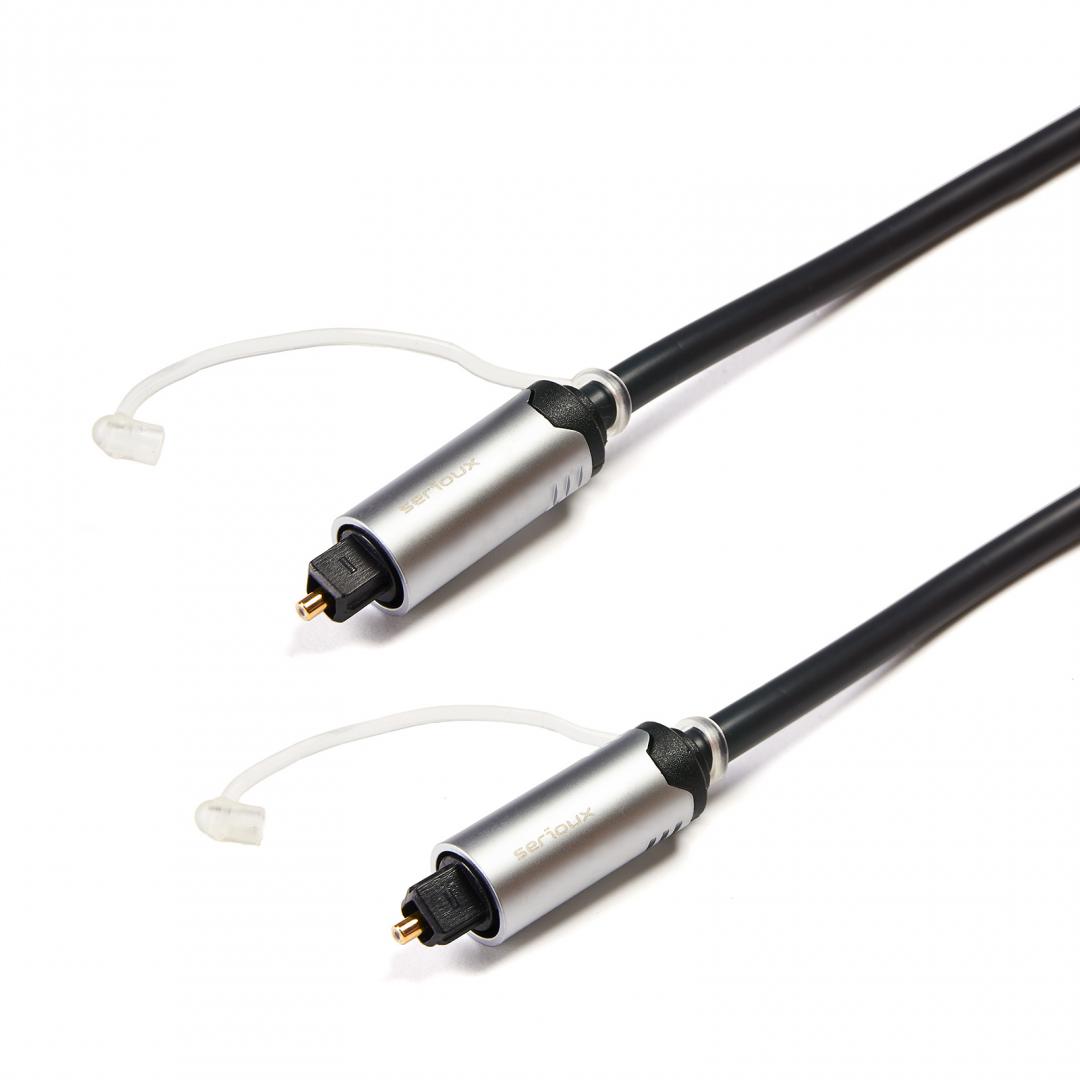 Cablu audio optic Serioux Premium Gold,  conectori Toslink tata-tata, conductor fibra optica Polymer, mufe din metal aliaj Zinc, conectori auriti 24k, lentila convexa pentru focalizare fara distorsiuni, capace de protectie incluse, 1.5m, negru