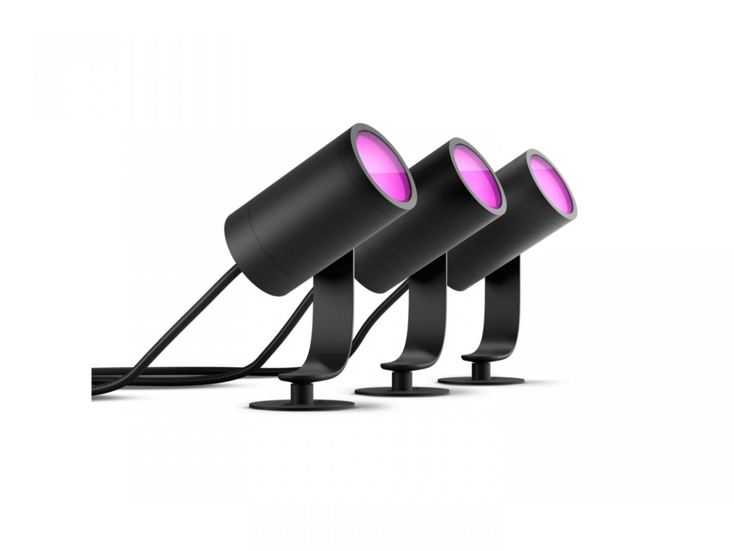 3 Spoturi LED RGB pentru exterior cu spike Philips Hue Lily, 3x8W (3x49W), 3x600 lm, lumina alba si color (2000-6500K), IP65, 70x84x194mm, Negru