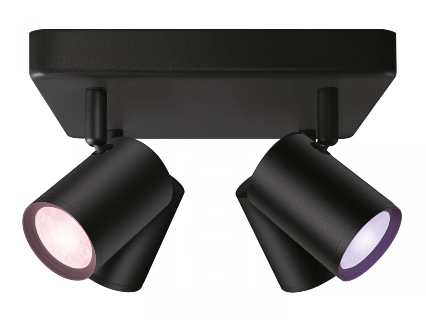 Spot LED RGB WiZ Imageo SQ, Wi-Fi, Bluetooth, control vocal, 4xGU10, 4x5W, 1380 lm, lumina alba si color (2200-6500K), IP20, 12.3x22cm, Metal, Negru