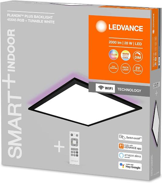 Panou LED RGB inteligent Ledvance SMART+ Wifi PLANON+ BACKLIGHT cu Telecomanda, 28W, 1800 lm, lumina alba si color (3000-6500K), IP20, 450x450x56mm, aluminiu, Negru