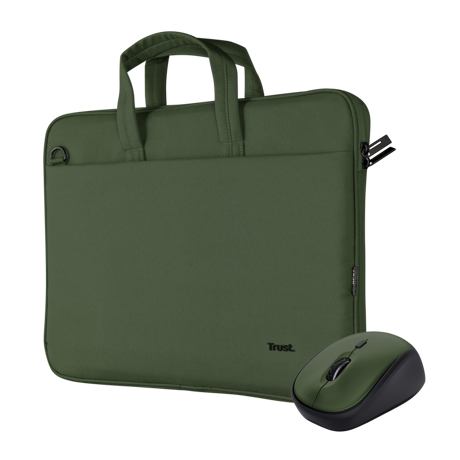 Kit Geanta de laptop Trust Bologna pentru laptop-uri cu diagonala de pana la 16", mouse Trust wireless, verde