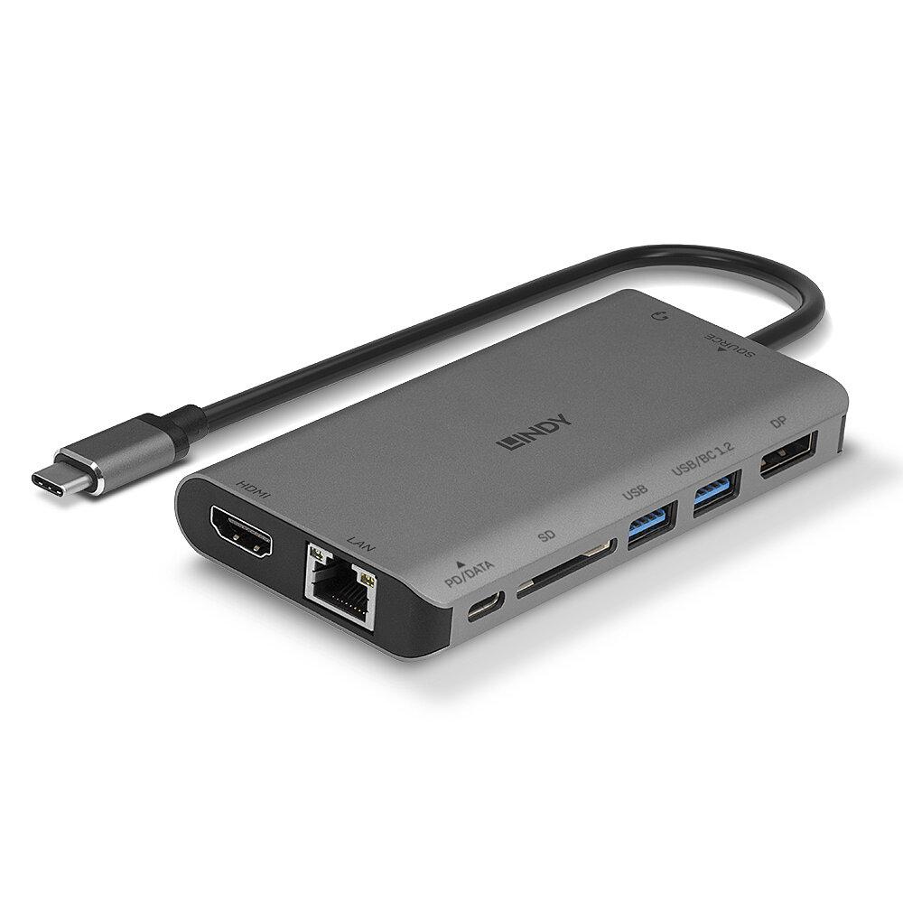 Mini Docking Station Lindy USB 3.2 Type C - 4K HDMI & DP, PD 3.0 100W, USB 3.2, Gigabit Ethernet, SD, Audio