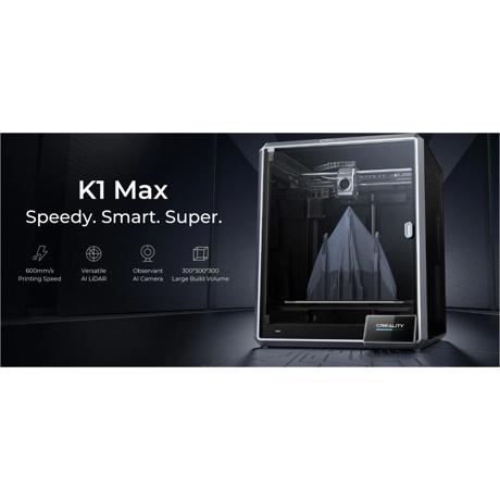 Imprimanta 3D Creality K1 MAX, Tehnologie FDM, viteza printare 600mm/s, Precizie 100 +/-0.1mm, Diametru filament: 1.75mm, tip filament compatibil: ABS/PLA/PETG/PET/TPU/PA/ABS/ASA/PC/PLA-CF/PA-CF/PET-CF, Transfer fisier: USB drive,WIFI temperatura duza:300 C, Format fisier: G-code,Software: Creality