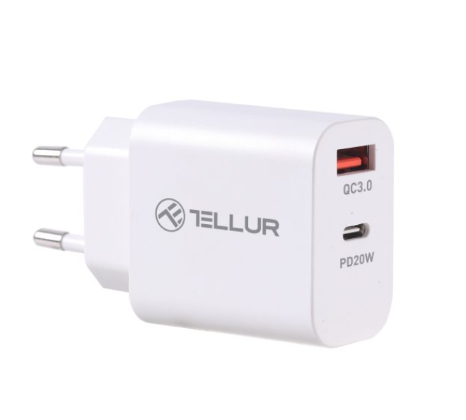 Incarcator priza Tellur PDHC101 Dual Port, PD 20W + QC3.0 18W, alb