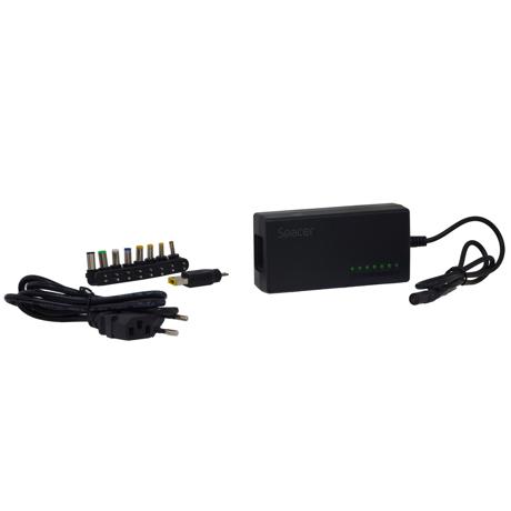 Incarcator laptop universal Spacer 96W, 9 tipuri de mufe, voltaj iesire 12 / 19 / 20 / 24 volt, tensiune intrare AC110 -240V 50/60Hz, tensiune iesire DC 12/ 15/ 16/ 18/ 19/ 20/ 24V, curent 12-19V 4.5A max; 20-24V 4A max, protectie scurt circuit