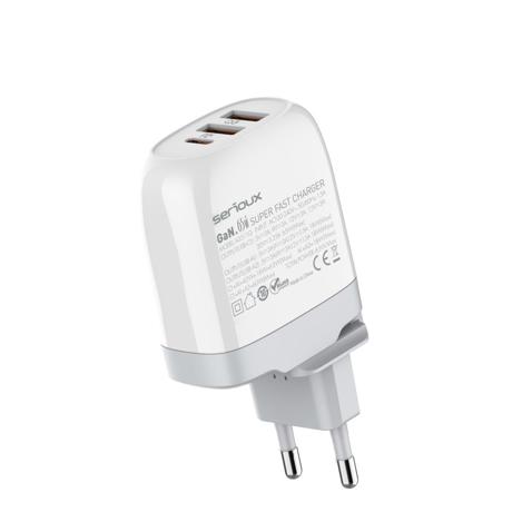 Incarcator retea Serioux 65W GAN QC, Intrare: AC100-240V~ 50/60Hz 1.5A, Ieșire (USB-C1): 5V-3A 9V-3A 12V-3A 15V-3A 20V=3.25A 65W(Max), Ieșire (USB-A1): 5V-3A 9V-2A 12V=1.5A 18W(Max), Ieșire (USB-A2): 5V-3A 9V-2A 12V 1.5A 18W(Max), A1+A2=18W(Max), C1+A1=45W+18W=63W(Max),  C1+A1+A2= 60W(Max), Total 