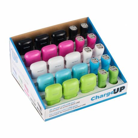 Stand Serioux, 15buc incarcator AC USB 2.1A, 10buc  incarcator de masina 2xUSB 2.1A, diverse culori