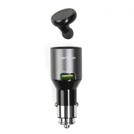 Incarcator auto cu casca bluetooth Serioux, port USB 5V/2.4A, bluetooth v4.0, handsfree, raza de actiune <(><<)>10m, 4 ore autonomie in convorbire, 96 ore autonomie in stand-by, indicator led