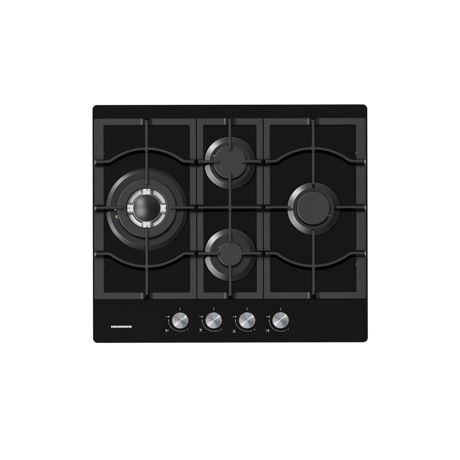 Plita incorporabila Heinner HBH-M452IWFGBK, Gaz, 4 arzatoare, Aprindere electrica, Arzator Wok, Gratar fonta, 60 cm, Negru
