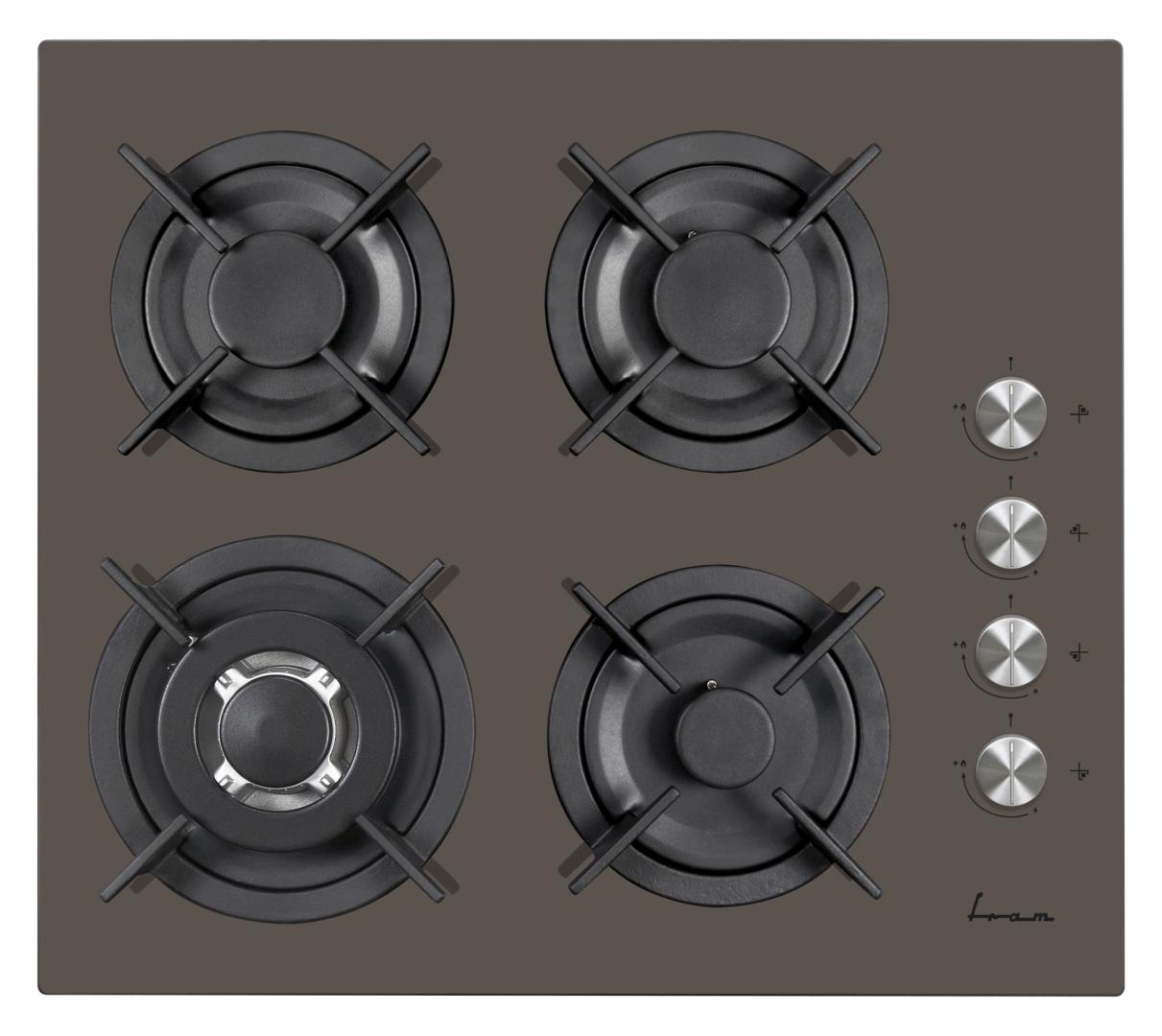 Plita incorporabila Fram FBH-V4IWF-GMK, Gaz, 4 Arzatoare, WOK, Aprindere electrica, Gratar fonta, 60 cm, Sticla Cafeniu Mink