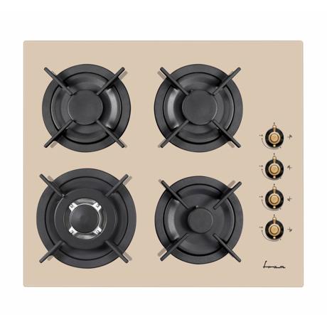 Plita incorporabila rustica Fram FBH-V4IWF-RGBG, 4 arzatoare gaz, WOK, Aprindere electrica integrata, Gratar Fonta, Duze incluse, 58x51 cm,  Sticla cream
