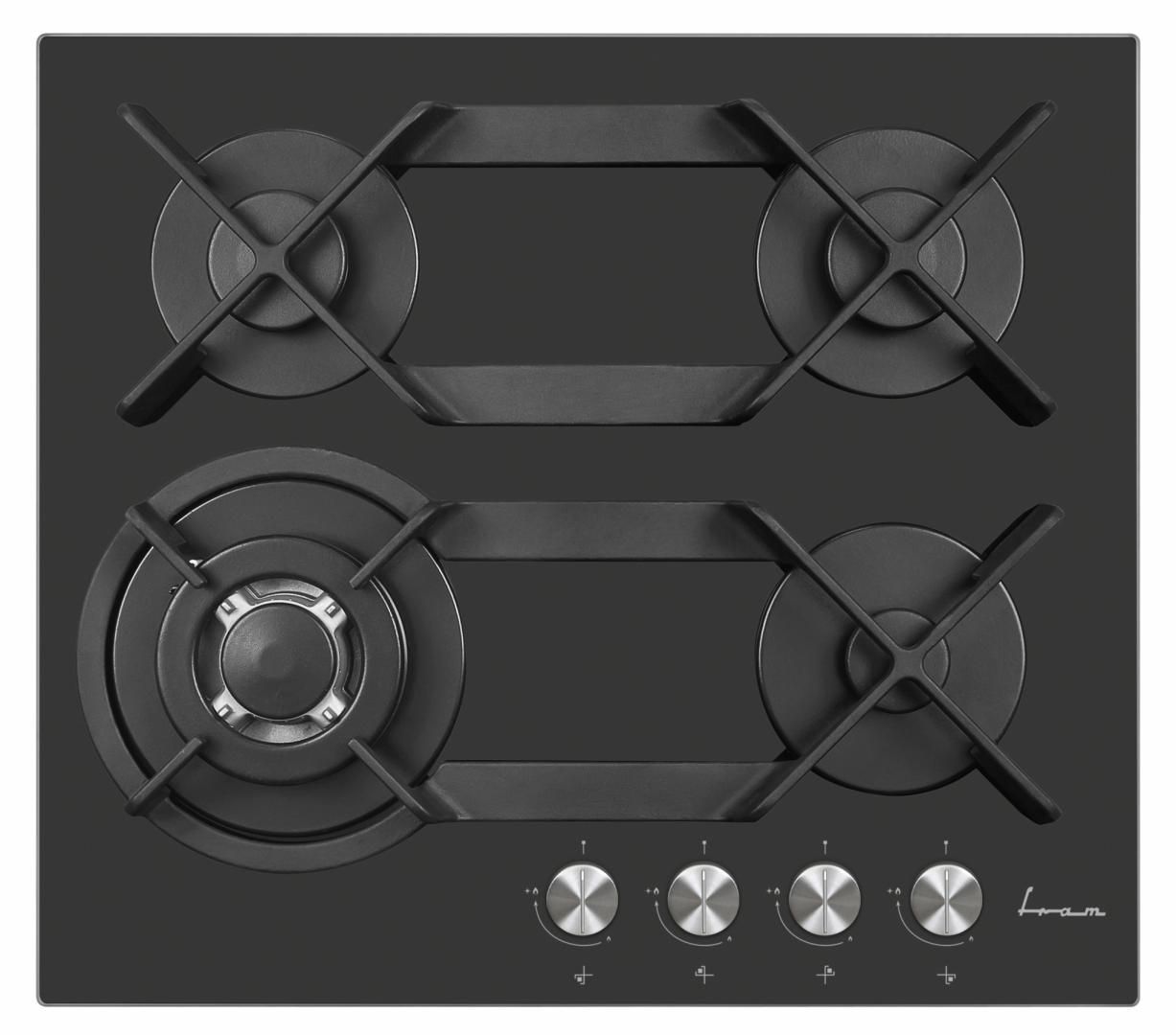Plita incorporabila Fram FBH-V4IWFDL-GZG, 4 arzatoare gaz, WOK, Aprindere electrica integrata, Gratar Fonta, Duze incluse, 58x51 cm,  Sticla gri Zara