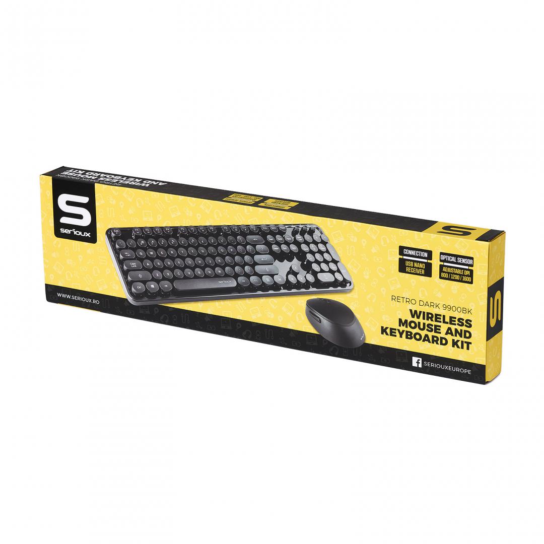 Kit tastatura + mouse Serioux Retro dark 9900BK, wireless 2.4GHz, US layout, multimedia, mouse optic 800-1600dpi, USB, nano receiver, negru