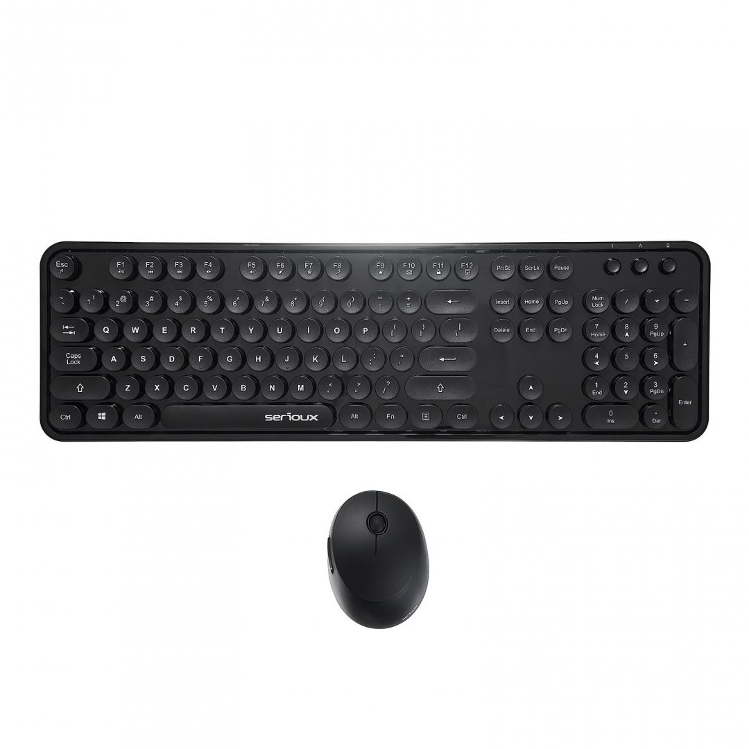 Kit tastatura + mouse Serioux Retro dark 9900BK, wireless 2.4GHz, US layout, multimedia, mouse optic 800-1600dpi, USB, nano receiver, negru
