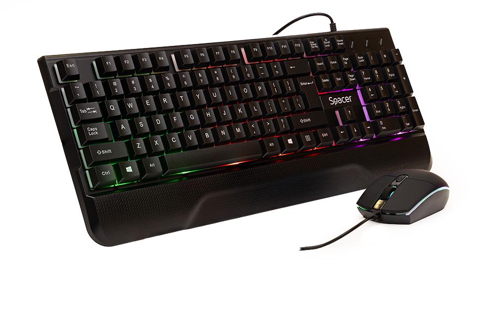 KIT Gaming Tastatura si Mouse Spacer SPGK-INVICTUS cu fir, USB, tastatura RGB rainbow + mouse optic 7 culori, black
