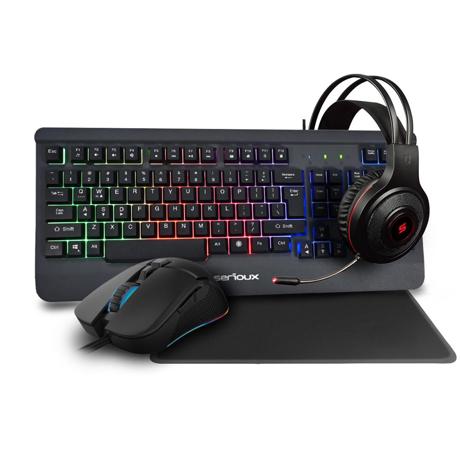 Kit Gaming Serioux Kayel 4 in 1, Tastatura de gaming, 104 taste, 19 taste Anti-ghosting , design slim, iluminare rainbow, structura metalica gri, taste negre + design cu palm rest, cablu USB 1.5M PVC, plug and play; Mouse gaming, senzor Sunplus 199, 800-6400 DPI, switch HUANO, pana la 20 milioane de