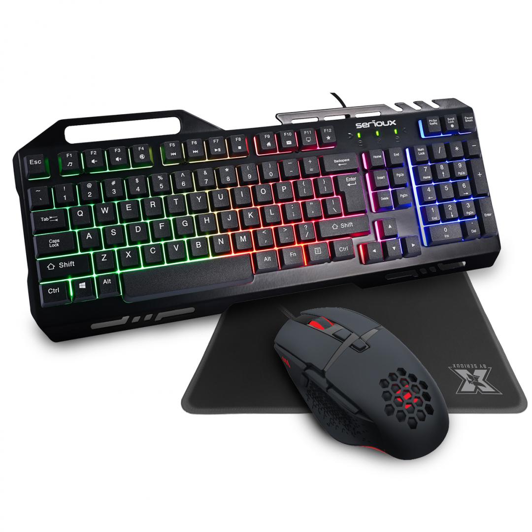 Kit Gaming Serioux Tobis 3 in 1, Tastatura de gaming, 104 taste, 7 taste Anti-ghosting, design slim, iluminare rainbow, structura metalica + taste negre, suport telefon, cablu USB 1.5M PVC, plug and play; Mouse gaming, senzor Sunplus 192, 1000-6400 DPI, switch HUANO, pana la 20 milioane de