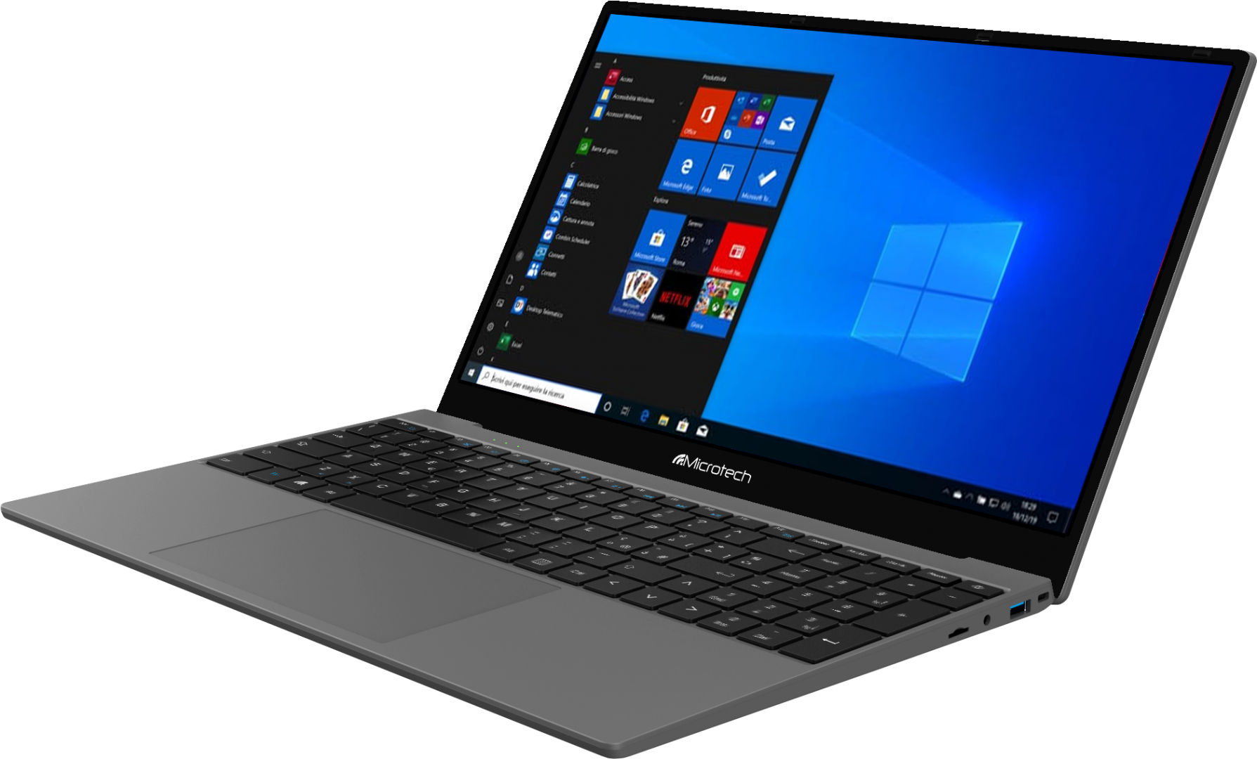 Microtech Corebook 15.6", FHD 1920 x 1080, Intel Core R3 3200U, 8GB Ram, 256GB SSD, Material: ABS, Culoare: Gri, Tip ecran: IPS, Format: 16:9, Wireless: WiFi IEEE 802.11 a/b/g/n/ac Bluetooth 5.0, Baterie: Polimeri de litiu 5.000 mAh 7.6 V, Sursa de alimentare: 19V, Camera: 2MP fata, Tastatura: 100