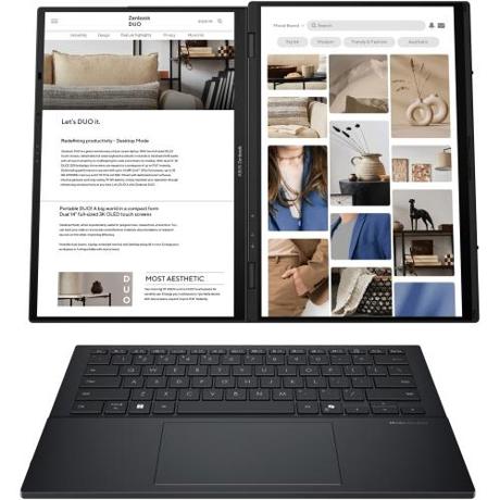 Laptop ASUS Zenbook Duo, UX8406CA-PZ166X, 14.0-inch, 3K (2880 x 1800) OLED 16:10 aspect ratio, Intel® Core™ Ultra 9 Processor 285H (24M Cache, up to 5.40 GHz), 32GB LPDDR5X on board, 1TB M.2 NVMe™ PCIe® 4.0 SSD, 120Hz refresh rate, 400nits, Glossy display, 1080p FHD camera, Wi-Fi 7(802.11be)
