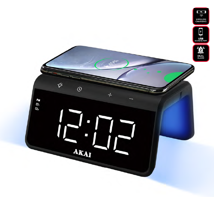 Ceas cu fct. de incarcare AKAI ACRB-2000, putere incarcare 10W wireless