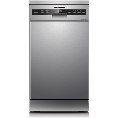 Masina de spalat vase independenta Heinner HDW-FSM45710AXD+++, 45 cm, 10 seturi, clasa energetica D, control electronic, display LED, 7 programe de spalare, Aquastop, Aspect Inox