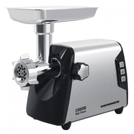 Masina de tocat Heinner Blade Pro HMG-Y2000SS, putere maxima: 2000W, angrenaj metalic si carcasa din aluminiu, functie reverse, cutit inox, 3 site metalice, accesorii carnati si kibbe, buton switch cu 2 viteze, capacitate tocare: ~3kg/min, carcasa inox