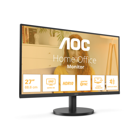 Monitor AOC 27" U27B3M, Diagonal (inch): 27, Diagonal (cm): 69, Aspect ratio: 16:9, Panel: VA, Resolution: 3940x2160, Refresh Rate: 60Hz, Response time GtG: 4ms, Contrast (static) : 3500:1, Contrast (dynamic): 20M:1, Color Gamut Type: DCI-P3, Colours: 1.07B, Speakers: 2Wx2, VESA Wallmount: 100x100