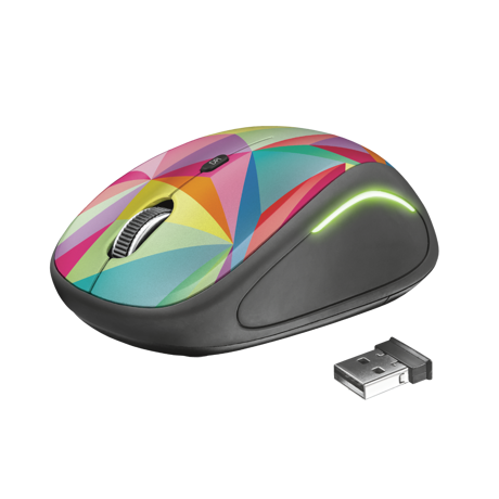 Mouse fara fir Trust Yvi FX Wireless Mouse - multicolor  Specifications General Height of main product (in mm) 95 mm Width of main product (in mm) 57 mm Depth of main product (in mm) 40 mm Total weight 84 g Formfactor compact Ergonomic design no  Connectivity Connection type wireless Bluetooth no