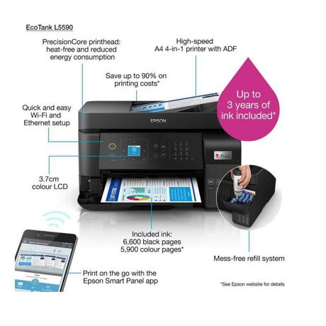 Multifunctional inkjet color CISS Epson L5590, (Print, Copy, Scan, Fax) dimensiune A4, 4 culori, viteza max  15ppm alb-negru, 8ppm color, rezolutie 1200x2400dpi, alimentare hartie 100 coli + 30 coli ADF,  Scanner CIS, 5ipm, Fax: 33.6kbps / Approx. 3 sec/page, memorie 100 pagini, interfata USB