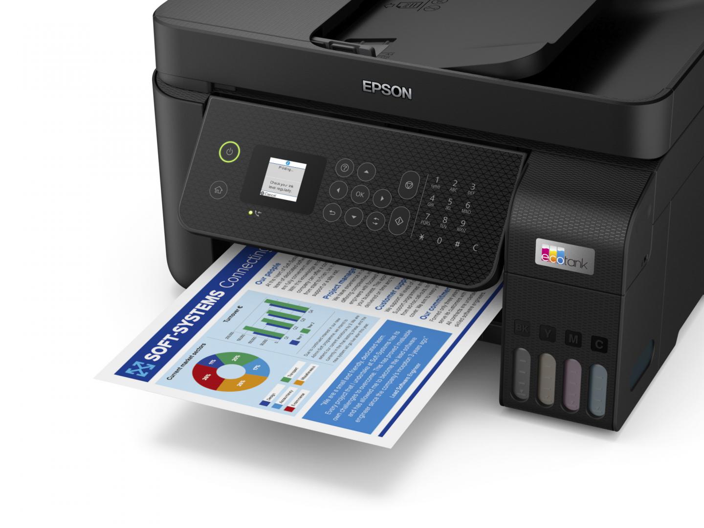 Multifunctional inkjet color Epson EcoTank CISS L5290, dimensiune A4 (Printare,Copiere, Scanare, Fax), printare borderless, viteza 33ppm alb-negru, 15ppm color, rezolutie 5760 x 1440 dpi, alimentare hartie 100 coli, ADF 30 coli ,scanner CIS, rezolutie 1200 x 2400 dpi, interfata: USB, retea, WIFI
