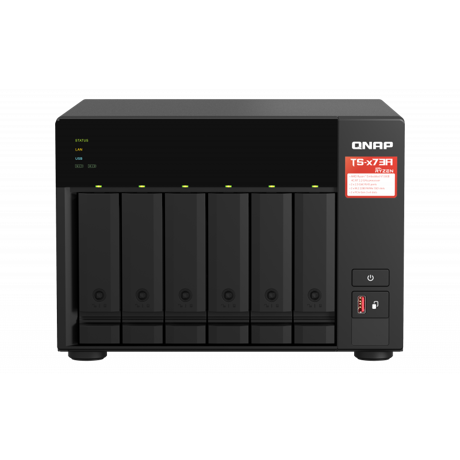 NAS QNAP 673A 6-Bay, CPU AMD Ryzen V1000 series V1500B 4C/8T 2.2 GHz, RAM 8GB (1x 8GB) DDR4 (2 x SODIMM slots, max. 64GB total, optional ECC RAM support), 2.5/3.5 SATA 6Gbps HDD (neincluse), LAN: 2 x 2.5GbE, optional 10GbE expansion via a PCIe card, USD3.2 Gen2: 3x Type-A USD3.2 Gen1: 1x Type-C