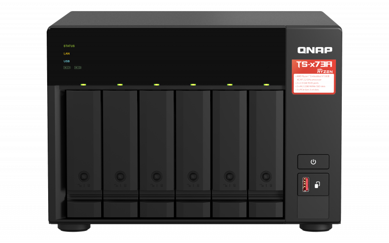 NAS QNAP 673A 6-Bay, CPU AMD Ryzen V1000 series V1500B 4C/8T 2.2 GHz, RAM 8GB (1x 8GB) DDR4 (2 x SODIMM slots, max. 64GB total, optional ECC RAM support), 2.5/3.5 SATA 6Gbps HDD (neincluse), LAN: 2 x 2.5GbE, optional 10GbE expansion via a PCIe card, USD3.2 Gen2: 3x Type-A USD3.2 Gen1: 1x Type-C