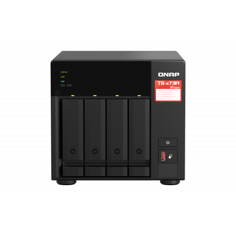 NAS QNAP 473A 4-Bay, CPU AMD Ryzen V1000 series V1500B 4C/8T 2.2 GHz, RAM 8GB (1x 8GB) DDR4 (2 x SODIMM slots, max. 64GB total, optional ECC RAM support), 2.5/3.5 SAS 12Gbps, SAS/SATA 6Gbps HDD (neincluse), LAN: 2 x 2.5GbE, optional 10GbE expansion via a PCIe card, USD3.2 Gen2: 3x Type-A USD3.2