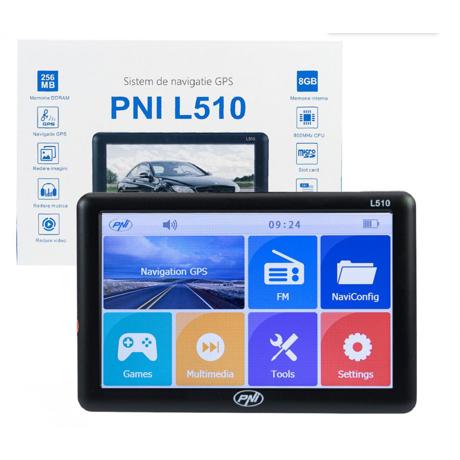Sistem de navigatie GPS PNI L510 ecran 5 inch, 800 MHz, 256MB DDR2, 8GB memorie interna, FM transmitter, Sistem de operare: Windows CE 6.0, Rezoluţie ecran: 800 x 480 pixeli, Aspect ecran: 16:9, Procesor: 800Mhz, fara harti incluse.