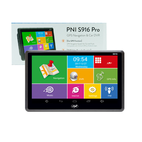 Sistem de navigatie GPS + DVR PNI S916 PRO ecran 7 inch cu Android 6.0, memorie 16 GB, 1GB DDR3 RAM,  Android 6.0, Toucscreen, Rezolutie: 800 x 480 pixeli, Procesor:  1.3 GHz, Slot card: Micro SD, FM transmitter, Acumulator  2000 mAh.