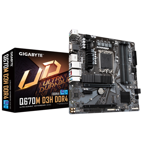 Placa de baza Gigabyte Q670 D3H LGA1700, 4x DDR4, 1x D-Sub, 1x HDMI, 1x DisplayPort, 2x PCIe 4.0 x16, 1x PCIe 3.0 x1, 2x M.2, 4x SATA 6Gbps, mATX