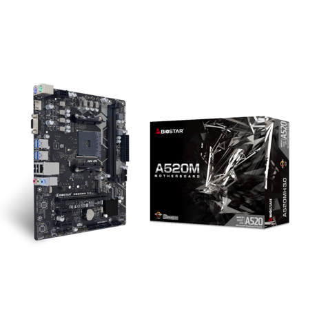 Placa de baza Biostar A520MH 3.0 AM4, 2x DDR4 4400MHz, 1x PCIe 3.0 x16, 2x PCIe 3.0 x1, 1x M.2, 4x SATA III 6 Gbps, 1Gbps LAN, mATX