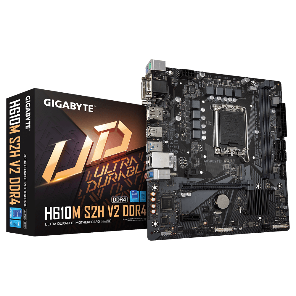 Placa de baza GIGABYTE H610M S2H V2 LGA1700, 2x DDR4 3200MHz, 1x D-Sub, 1x DVI-D, 1x HDMI, 1x DisplayPort, 1x PCIe x16, 1x PCIe x1, 1x M.2, 4x SATA 6Gbps, LAN 1Gbps, mATX