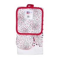 "Set bucatarie format din 3 piese Dots 
Setul contine : 
1 prosop de bucatarie 38X63 cm,65Gr/buc
1 manusa de bucatarie 17X27 cm
1 suport oala 18X18 cm
Material:100% Bumbac "