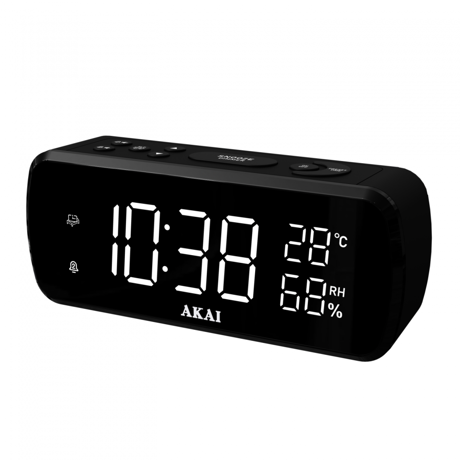 Radio ceas digitla Akai cu afisare temperatura si umiditate, putere de ieșire: 0,5-0,6 W, sensibilitate 14-16dB, afișaj LED de 1,5", negru