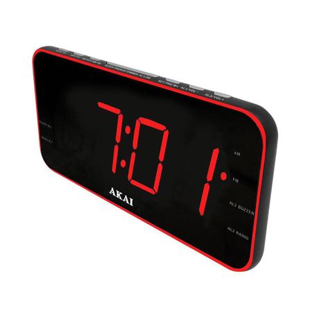 Radio cu ceas Akai ACR-3899, 40 posturi presetate, sursa de alimentare 110-240V, slot de baterii 2 x 1.5V, ecran 1.8" led rosu, negru